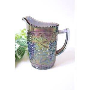 Vintage Imperial Glass Carnival Pitcher Iridescent Purple Black 6” Grape Leaves